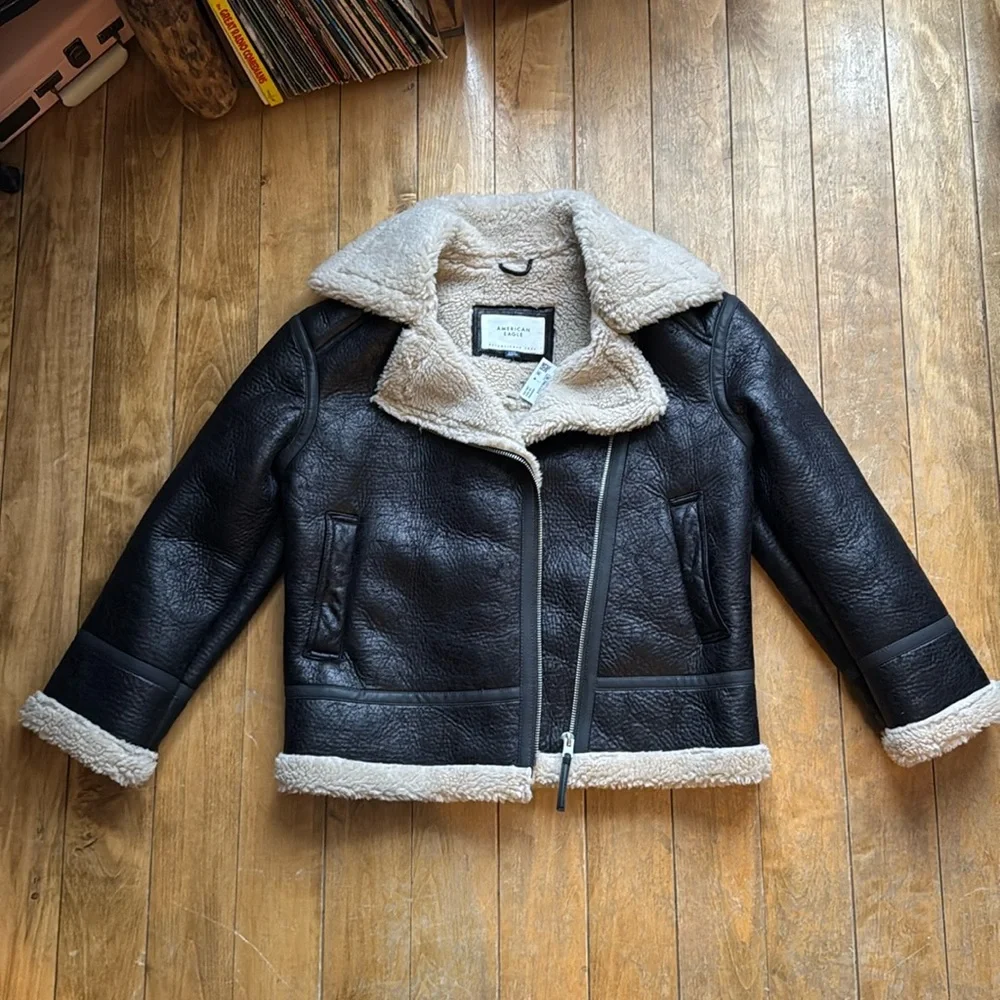 AE Oversized Vegan Shearling Moto Jacket Black Medium NWT - Picture 5 of 11